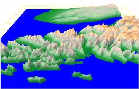 Generated exaggerated relief of real islands in Alaska.